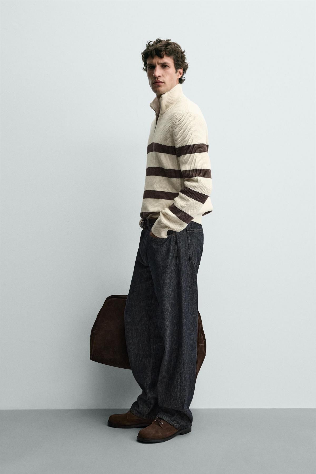 자라 스트라이프 하프집업 니트 스웨터 3284/400 ECRU / BROWN - 상세 이미지 5