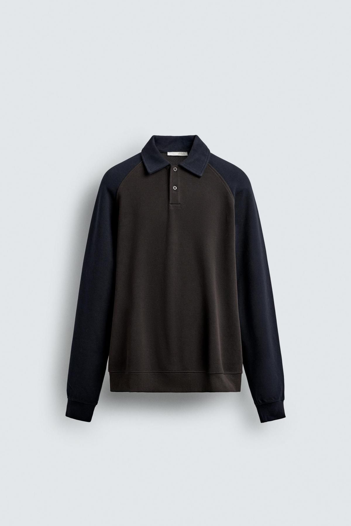 자라 컬러블록 래글런 긴팔 폴로 셔츠 0526/347 BROWN-BLUE - 상품 이미지