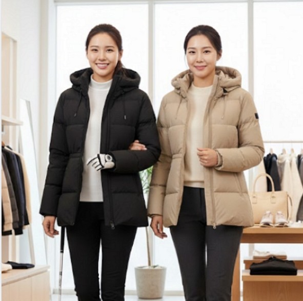 핑 골프웨어 여성 겨울 덕다운 중기장 스트링 적용 오리털 다운 패딩점퍼 - 상품 이미지