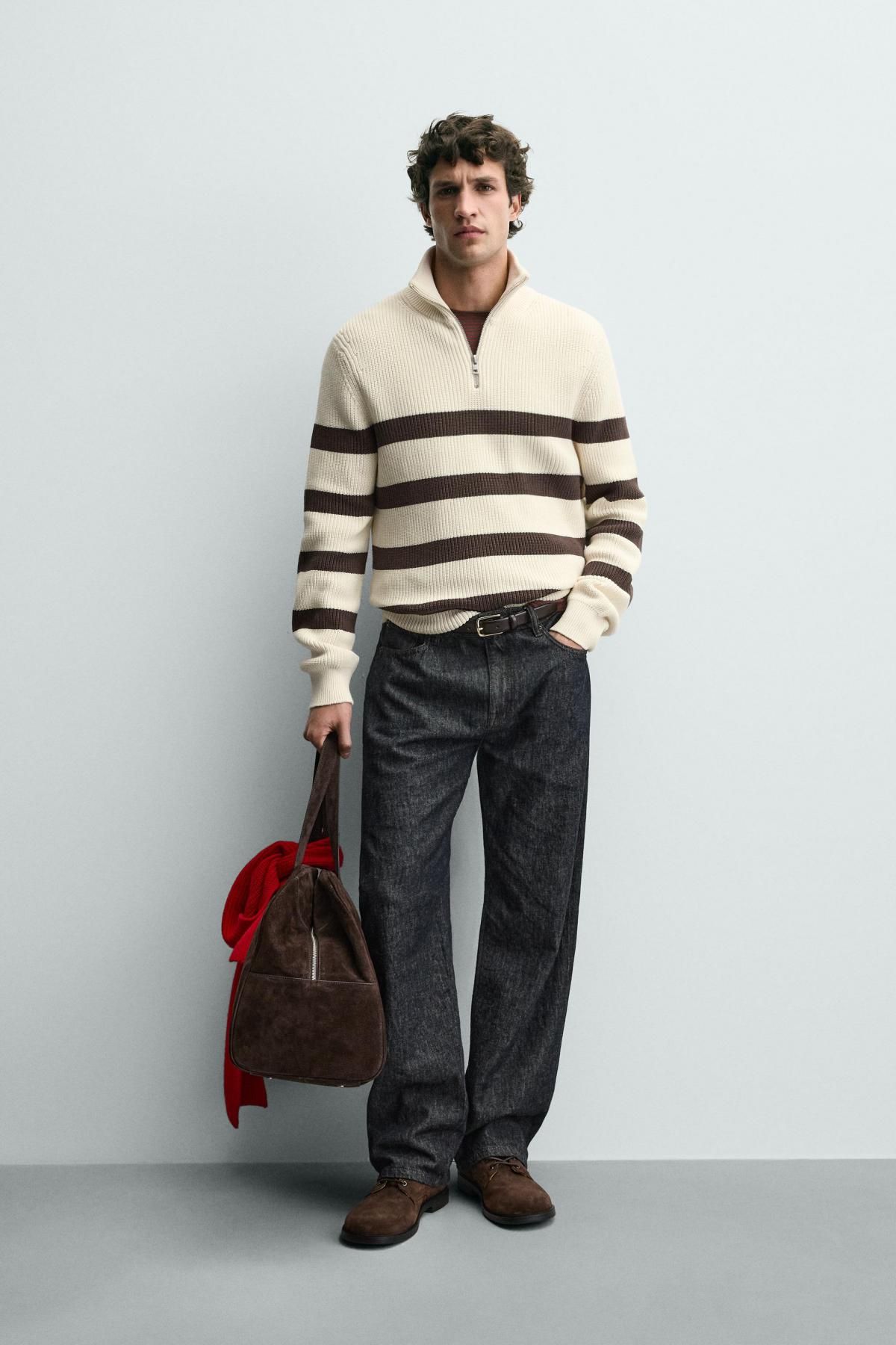 자라 스트라이프 하프집업 니트 스웨터 3284/400 ECRU / BROWN - 상세 이미지 2