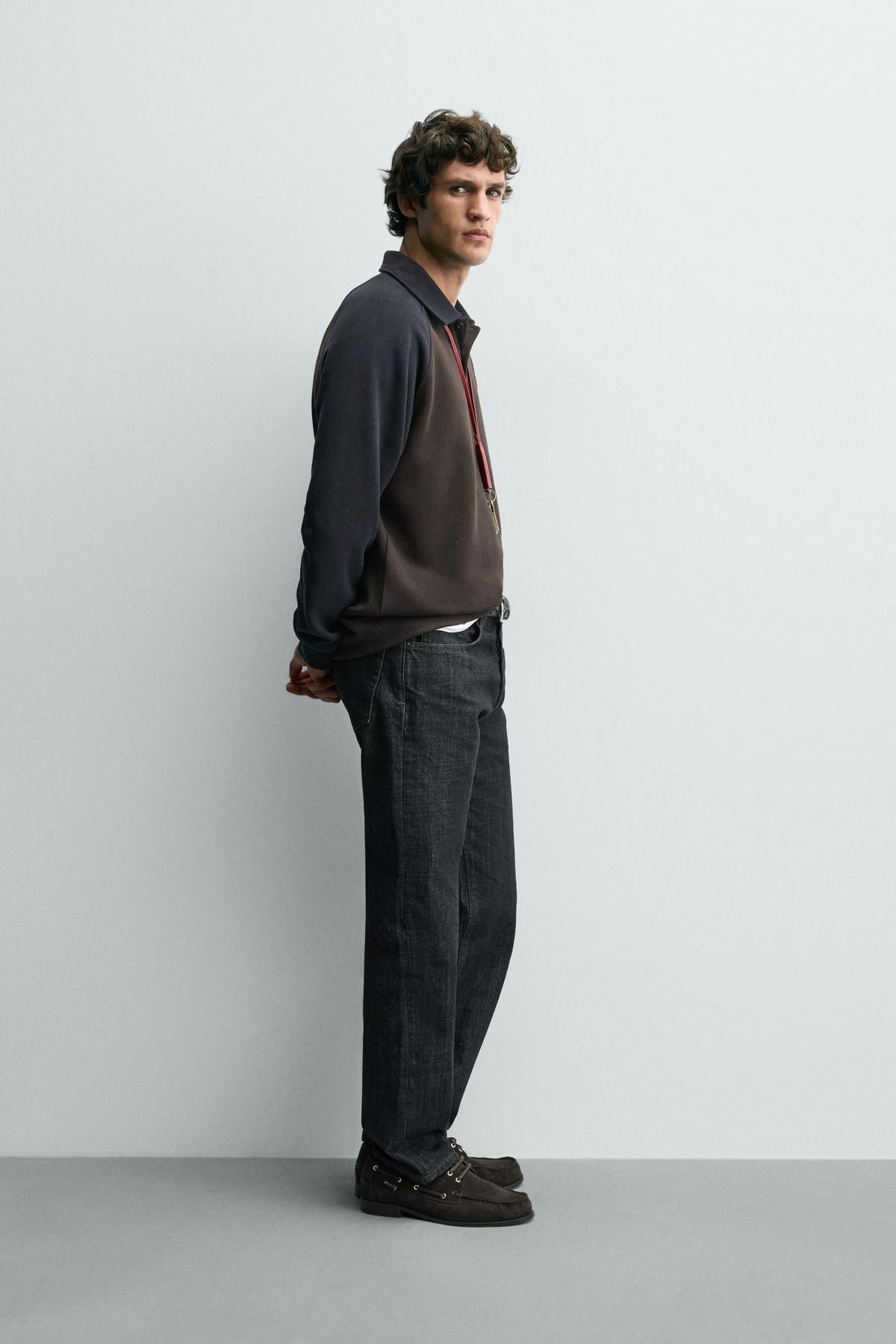 자라 컬러블록 래글런 긴팔 폴로 셔츠 0526/347 BROWN-BLUE - 상세 이미지 5