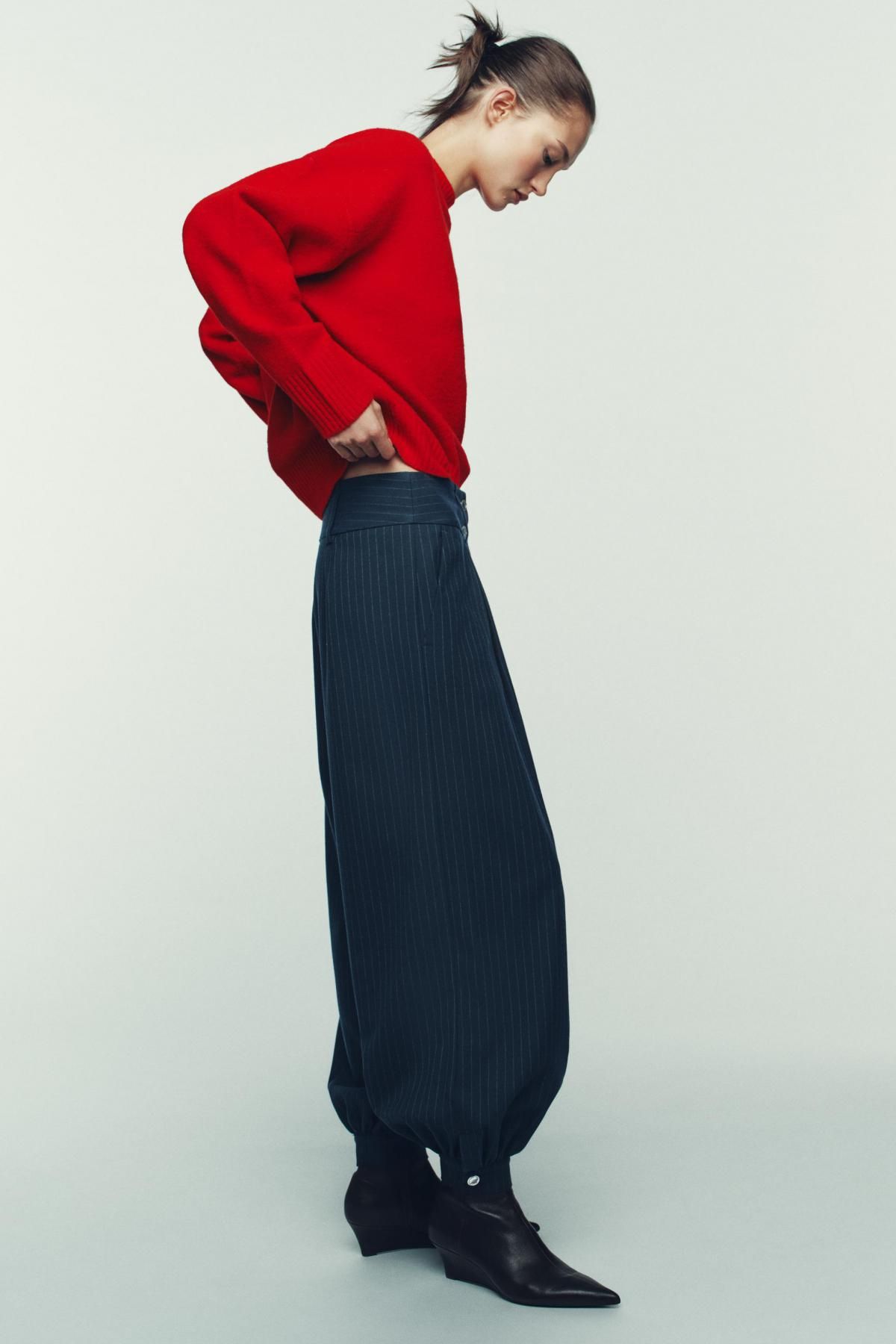 자라 핀스트라이프 하이웨이스트 벌룬 팬츠 9336/677 NAVY / WHITE - 상세 이미지 4