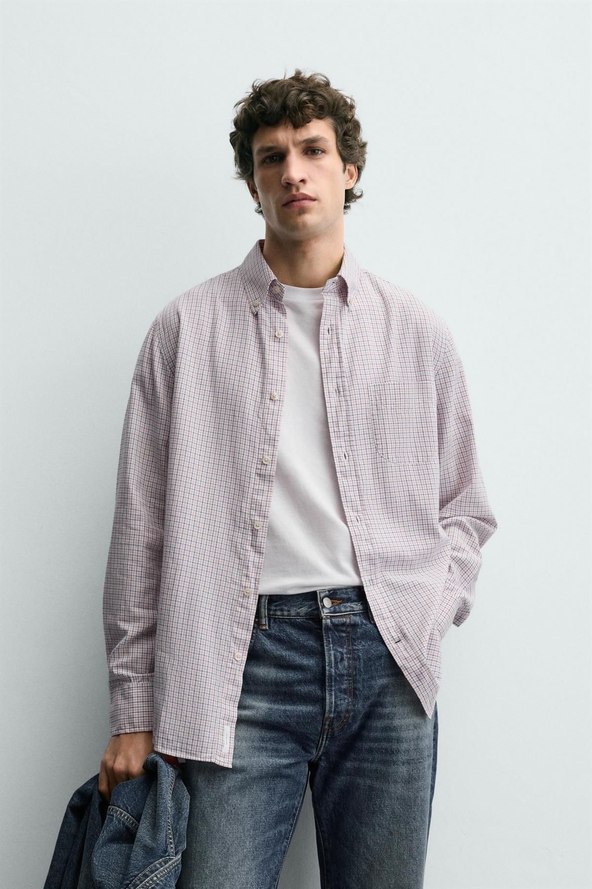 자라 체크 레귤러핏 코튼 긴팔 셔츠 포켓 0975/368 CORAL PINK - 상세 이미지 3