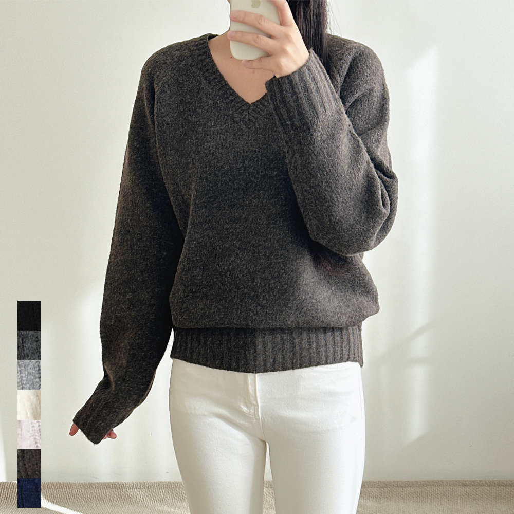 여성 브이넥니트 울 나그랑 루즈핏 시보리 부드러운 가을 겨울 블랙 브라운 차콜 빅사이즈 제품 이미지