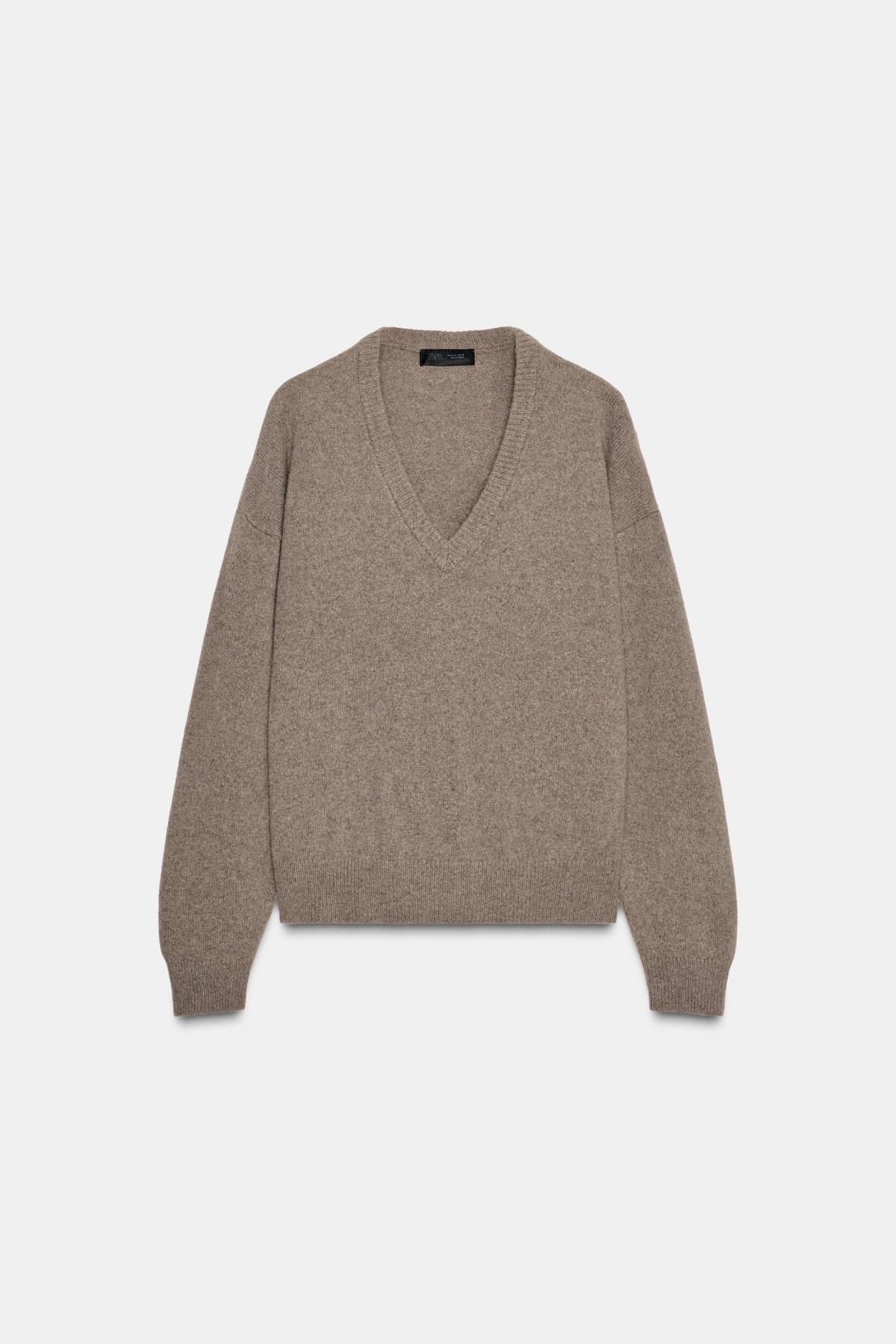 자라 프리미엄 캐시미어 울 브이넥 니트 스웨터 6771/147 BROWN / TAUPE - 메인 이미지