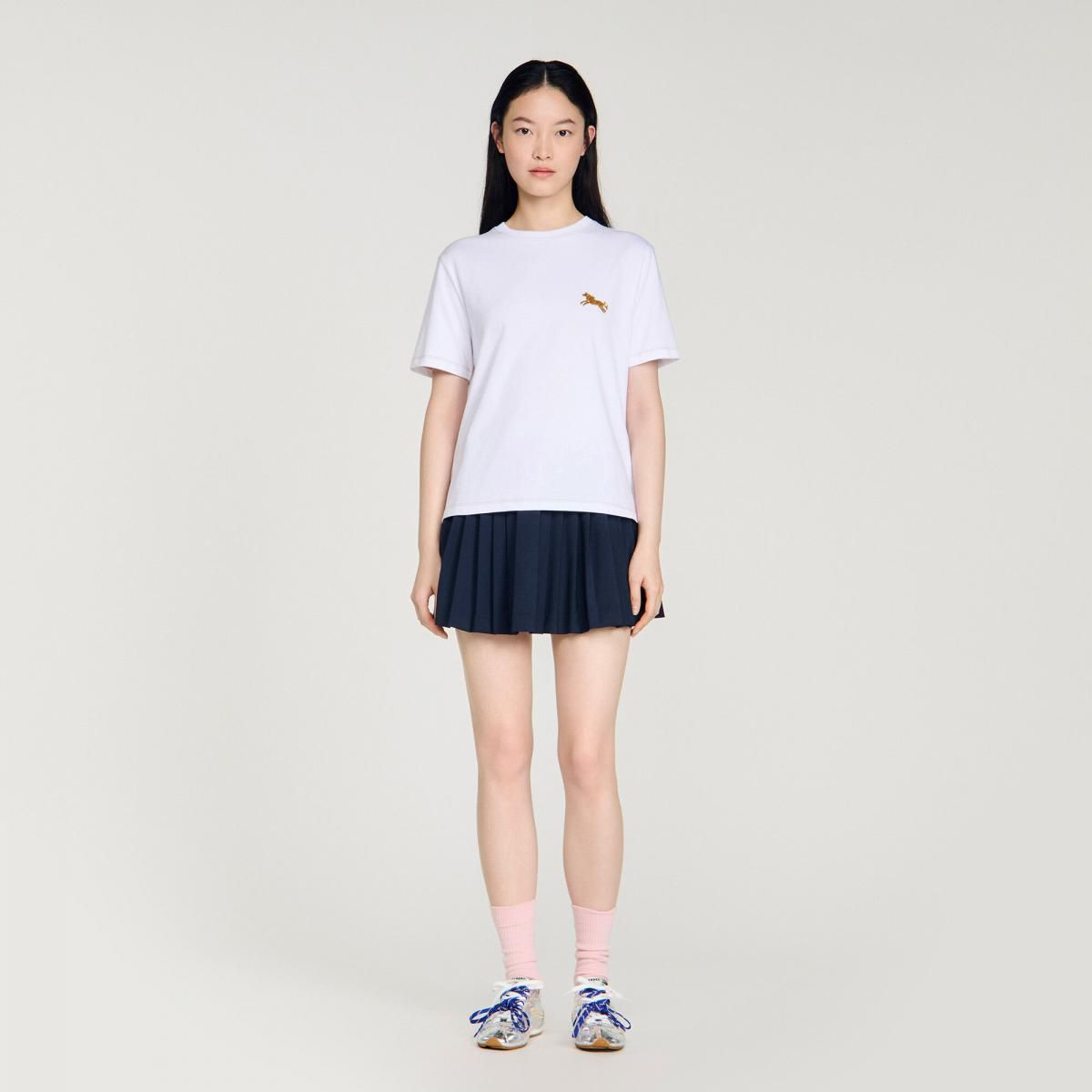산드로 코튼 말 자수 라운드넥 반팔 티셔츠 SFPTS01777_10 WEISS - 상세 이미지 4