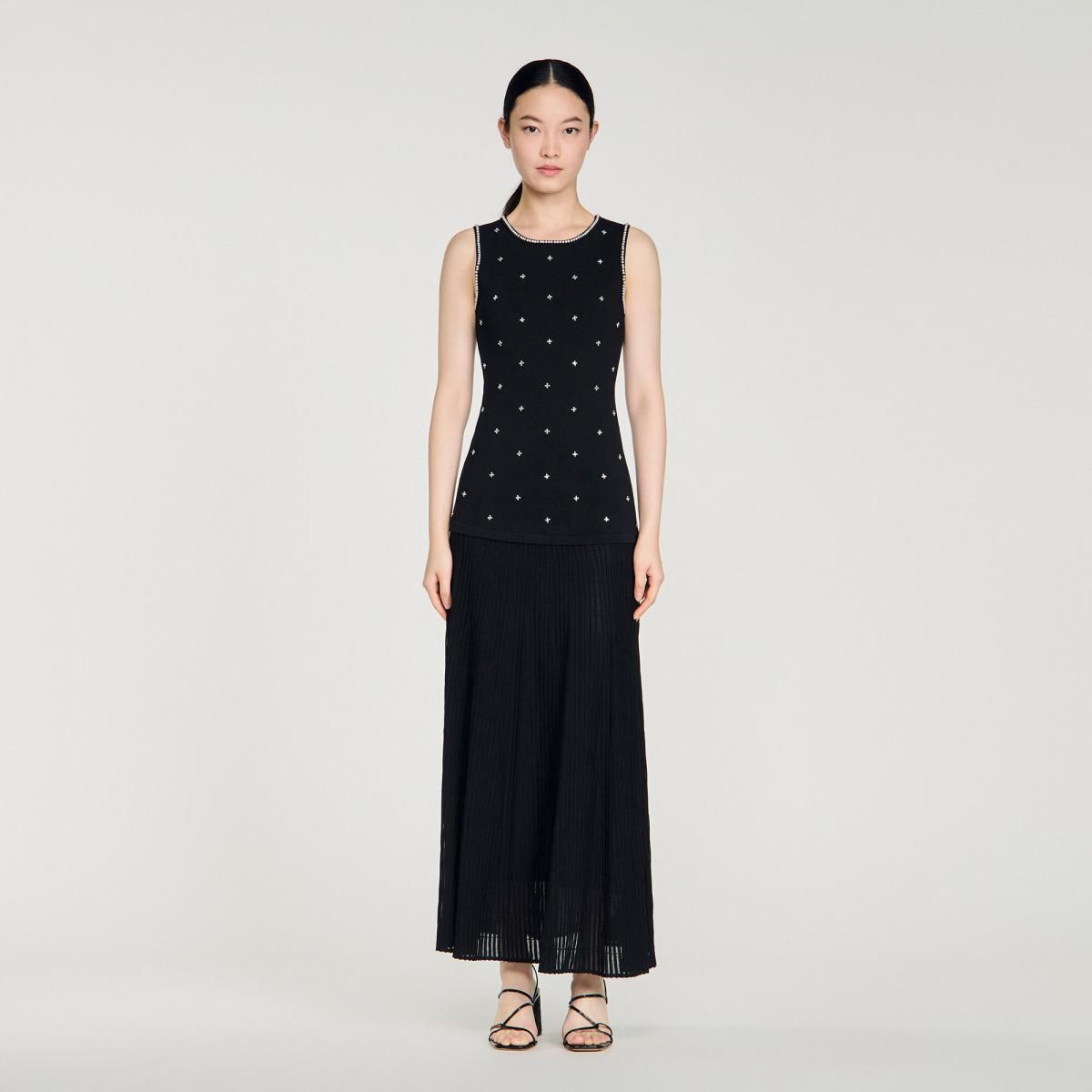 산드로 럭셔리 스트라스 롱 플리츠 원피스 SFPRO04678_20 SCHWARZ - 상세 이미지 4