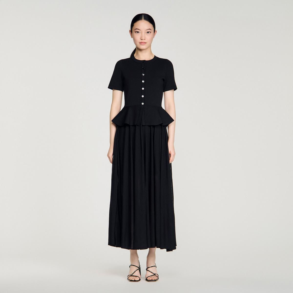 산드로 페플럼 롱 니트 원피스 라운드넥 반팔 SFPRO04677_20 SCHWARZ - 상세 이미지 4