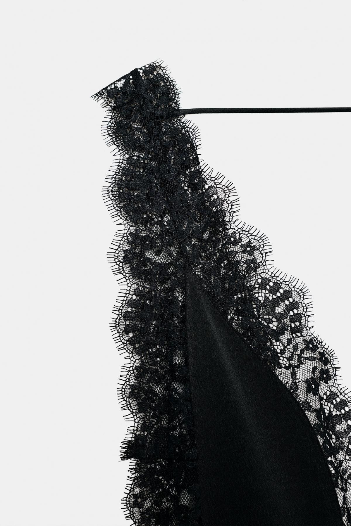 자라 한정판 새틴 레이스 브이넥 롱 원피스 5919/214 BLACK - 상세 이미지 4