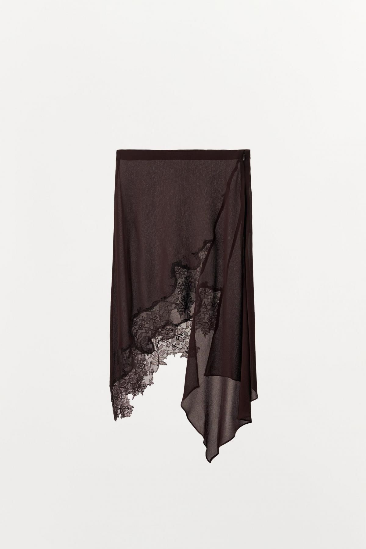 자라 비대칭 조젯 레이스 미디 스커트 1067/651 DARK BROWN - 메인 이미지