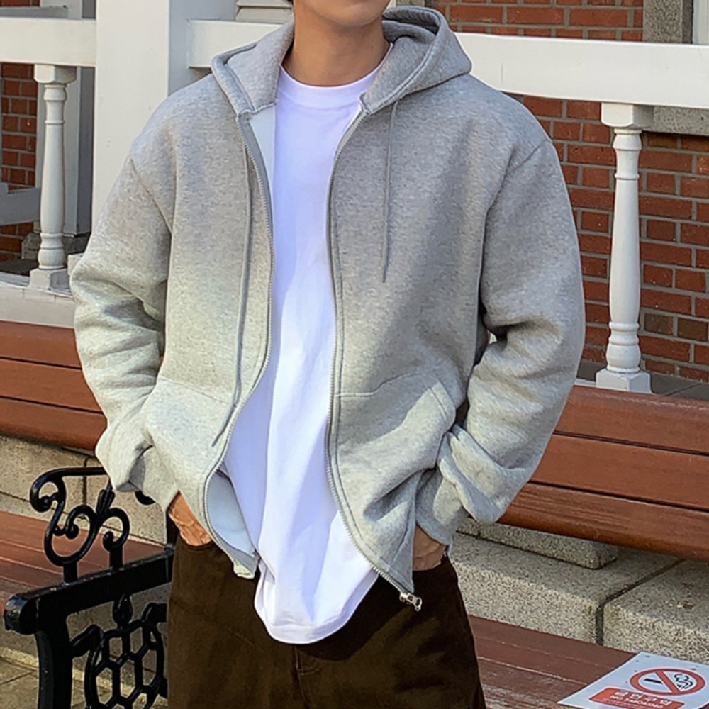 남자 맥레 일반 기모 2타입 오버핏 투웨이 무지 후드집업 - 메인 이미지