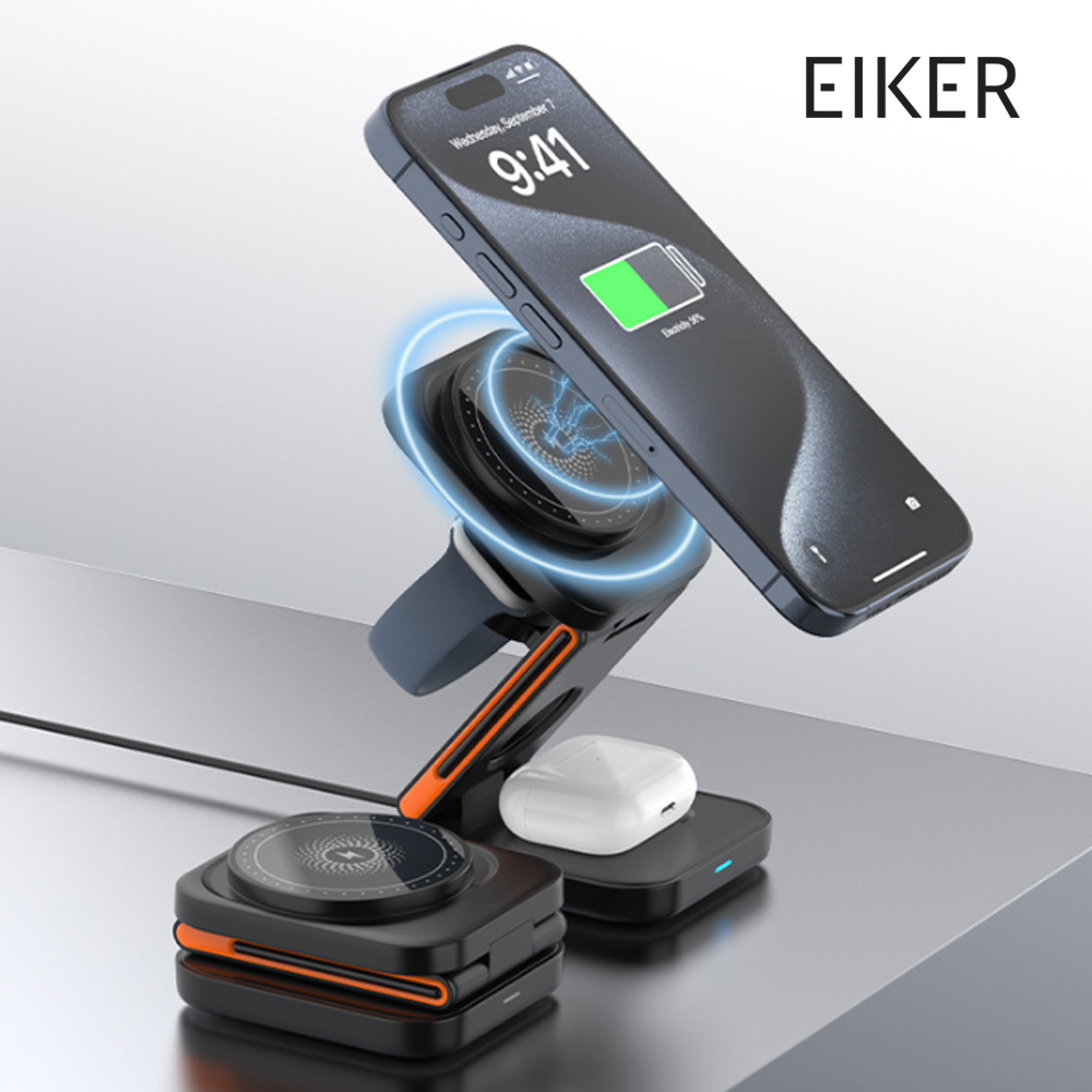 EIKER 3in1 폴딩 맥세이프 접이식 무선충전기 초경량 15W 고속 마그네틱 충전 거치대 - 상품 이미지