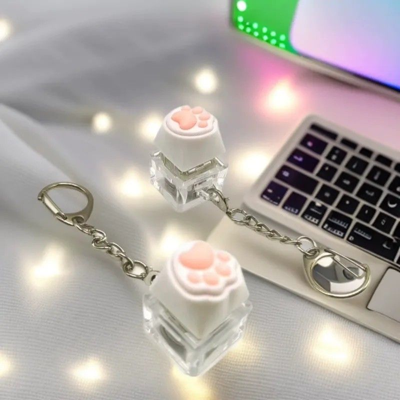 빛나는 LED 꾹꾹이 키캡 키링 고양이 발바닥 말랑이 키캡 딸깍이 청축 카라비너 키보드 버튼 스위치 피젯 손장난감 키링 키홀더 백참 가꾸 참 - 상세 이미지 2