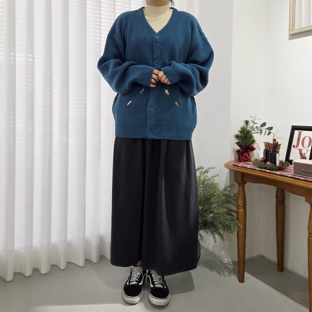빅사이즈 브이넥 단추 가디건 톡톡 봄 가을 간절기 긴팔 톡톡한 니트 자켓 빗살 트임 무늬 이미지 8