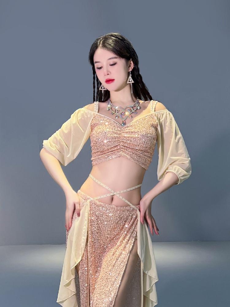 벨리복 상의 밸리댄스의상 댄스복 스포츠 사교 스커트 블랙+그린 2점 세트 M - 상세 이미지 4