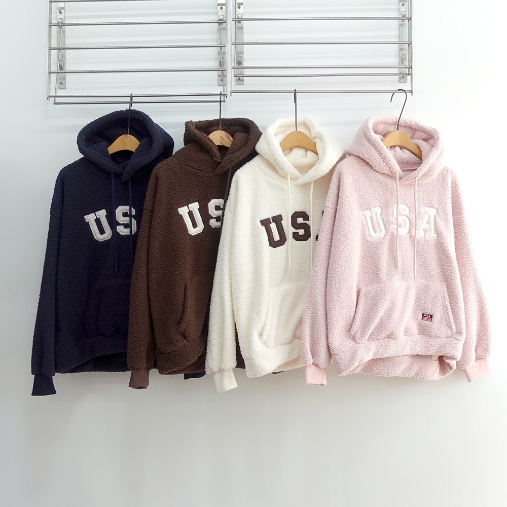 USA 레터링 뽀글 후리스 후드티 - 상세 이미지 2