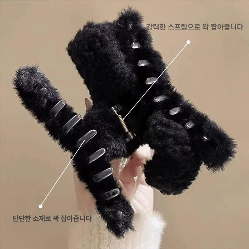 블랙 귀여운 고양이 헤어집게핀 가을 겨울 머리핀 블랙 - 상세 이미지 5