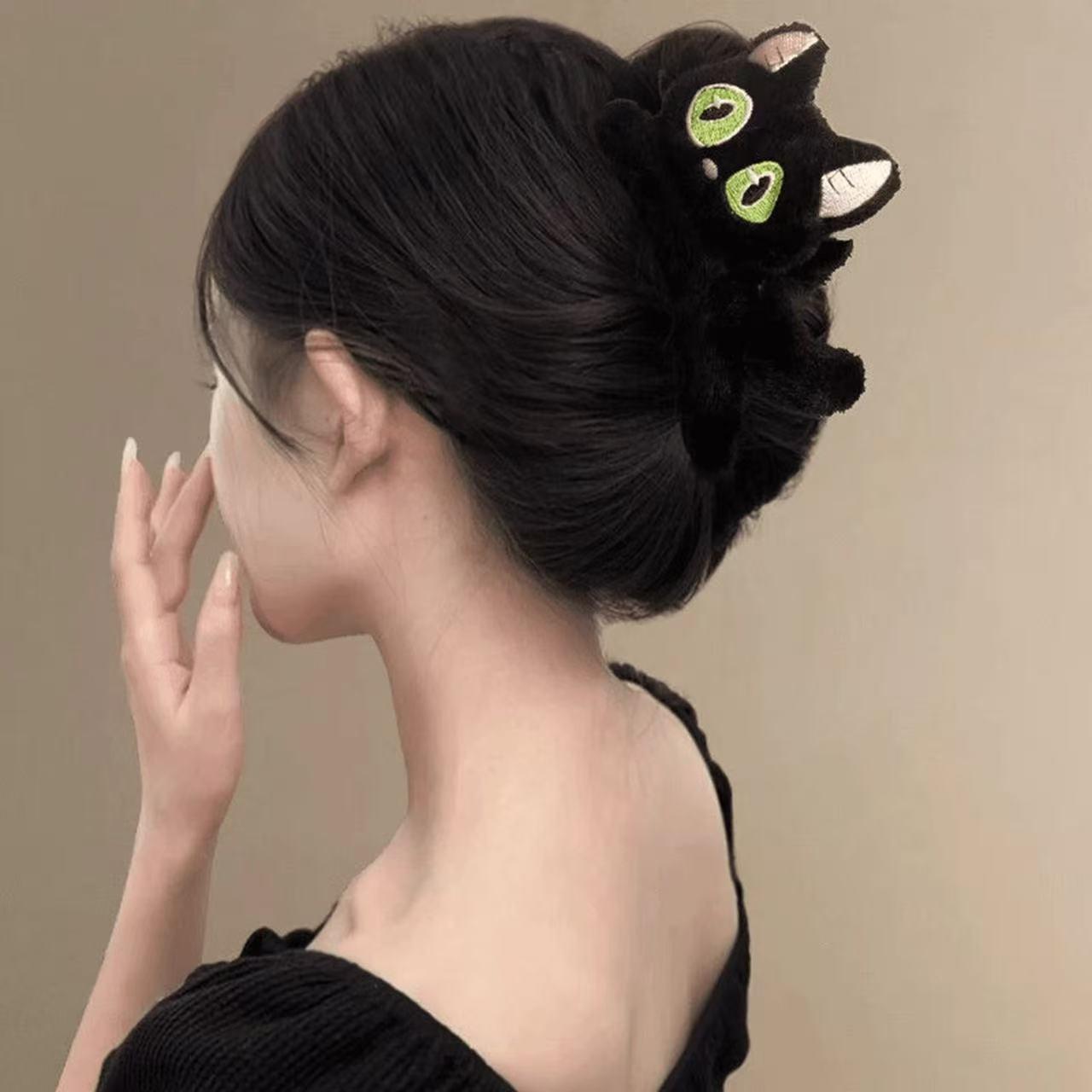 블랙 귀여운 고양이 헤어집게핀 가을 겨울 머리핀 블랙 - 상세 이미지 3