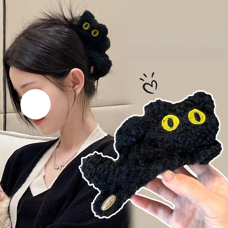 블랙 고양이 헤어 집게핀 대형 가을 겨울 여성용 귀여운 머리핀 블랙 미야우 스크래칭 클립 - 상세 이미지 2