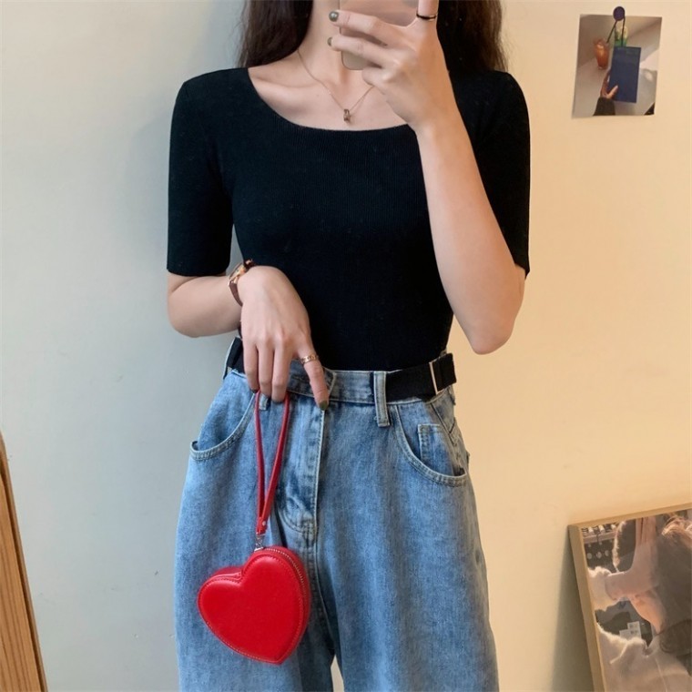 반팔 티 데일리 스퀘어넥 무지 티셔츠 슬림핏 여자 - 상품 이미지