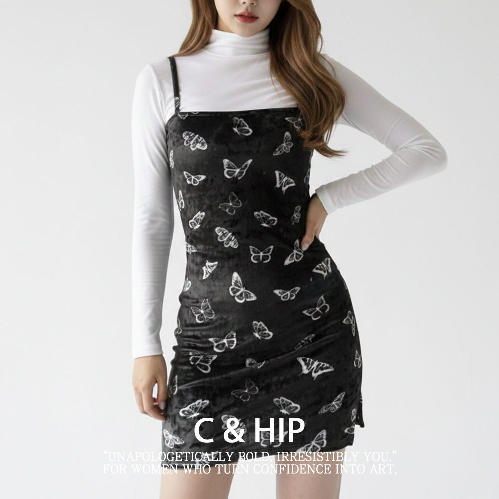 링마벨 나비 프린트 벨벳 연말 파티 뷔스티에 미니원피스 - 메인 이미지