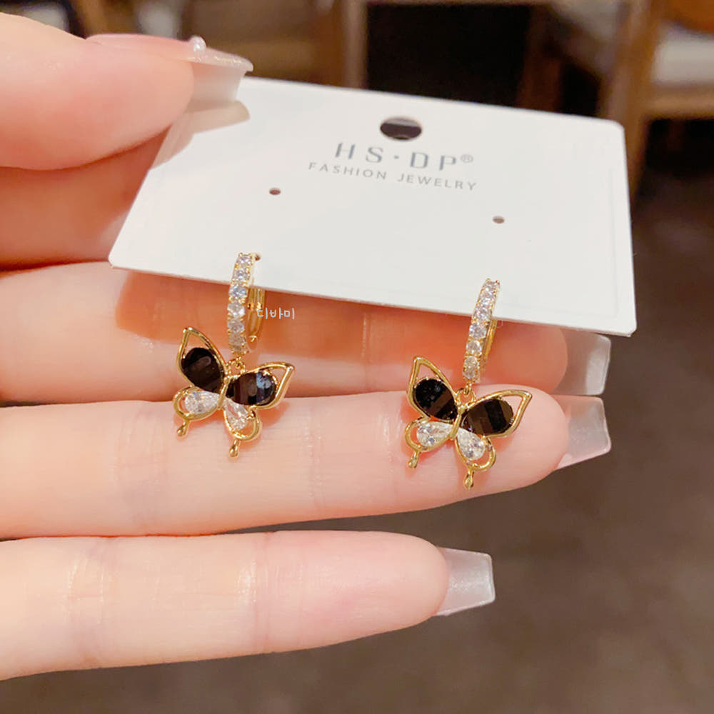 14K 러블리 블랙 나비 링 귀걸이 고급 큐빅 원터치 이어링 - 상세 이미지 2