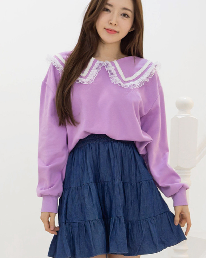스프링 레이스 프릴 빅카라 여성 루즈핏 롱티 맨투맨 - 메인 이미지