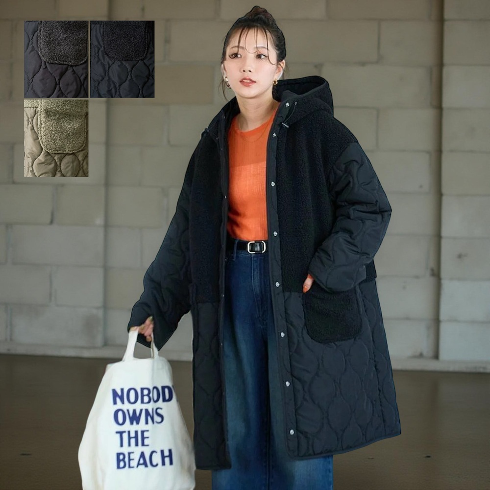 프릭스스토어 보아 퀼팅 후드 롱 코트 여성 후드 재킷 25AW 블랙 - 상품 이미지