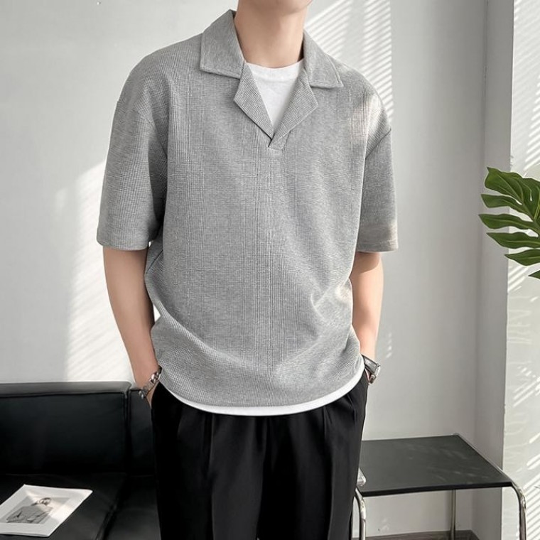남성 데일리 니트 테일러 카라 반팔 티셔츠 - 메인 이미지