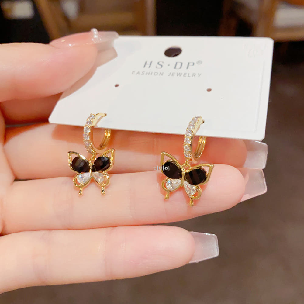 14K 러블리 블랙 나비 링 귀걸이 고급 큐빅 원터치 이어링 - 상세 이미지 4