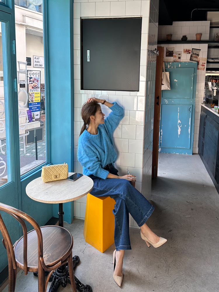 겨울 사선 포켓 세미와이드 데님팬츠 밴딩진 여자기모청바지 통청바지 일자 와이드진 진청바지 - 상세 이미지 4