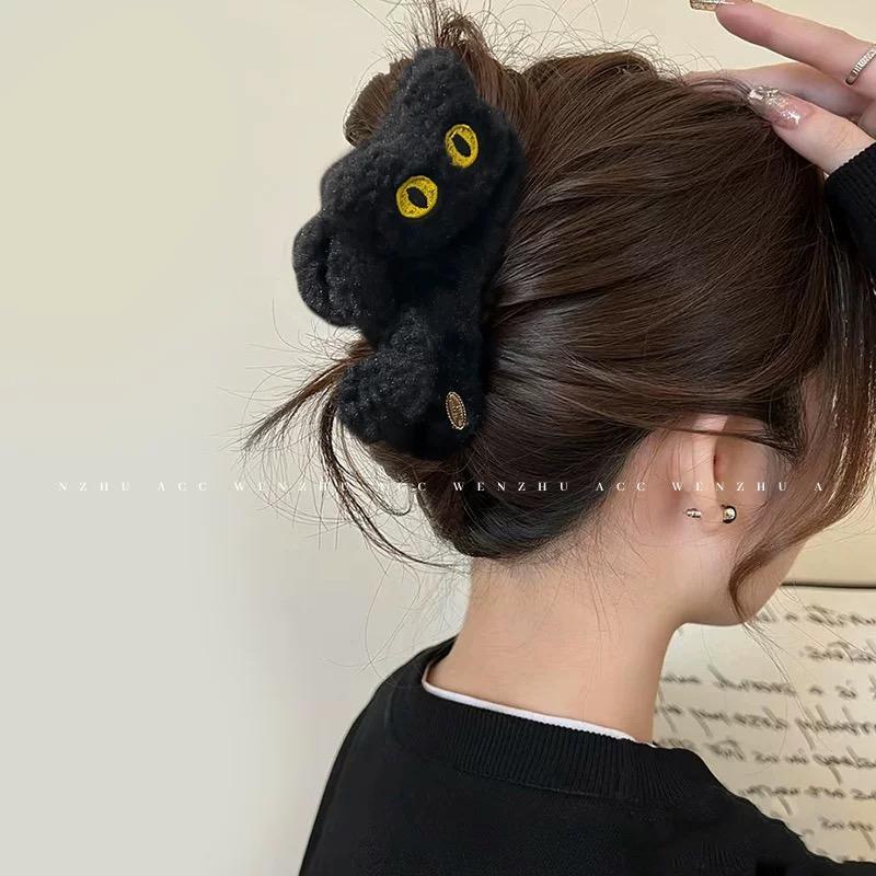 블랙 고양이 헤어 집게핀 대형 가을 겨울 여성용 귀여운 머리핀 블랙 미야우 스크래칭 클립 - 상세 이미지 4