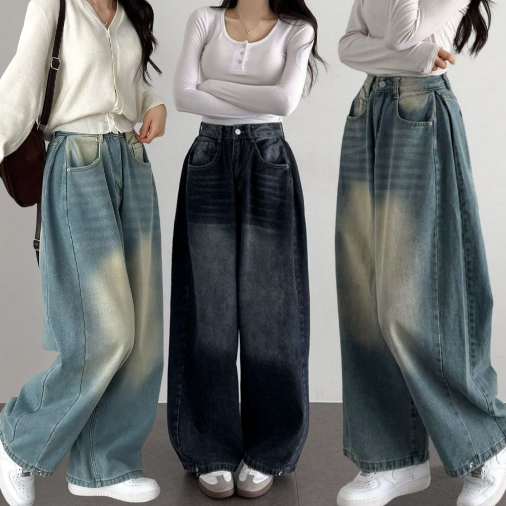 여성 사계절 와이드 청바지 키작녀 세미와이드 청바지 하이웨스트 데님 팬츠 흑청 진청 바지 제품 이미지