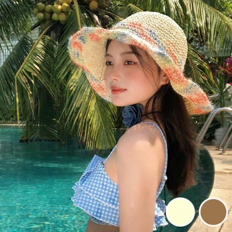비치캡 예쁜 휴가 컬러 털실 챙 밀짚 버킷햇 여성 여름 - 메인 이미지