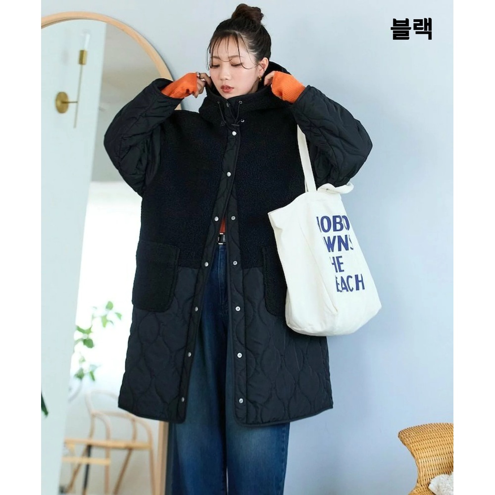 프릭스스토어 보아 퀼팅 후드 롱 코트 여성 후드 재킷 25AW 블랙 - 상세 이미지 4
