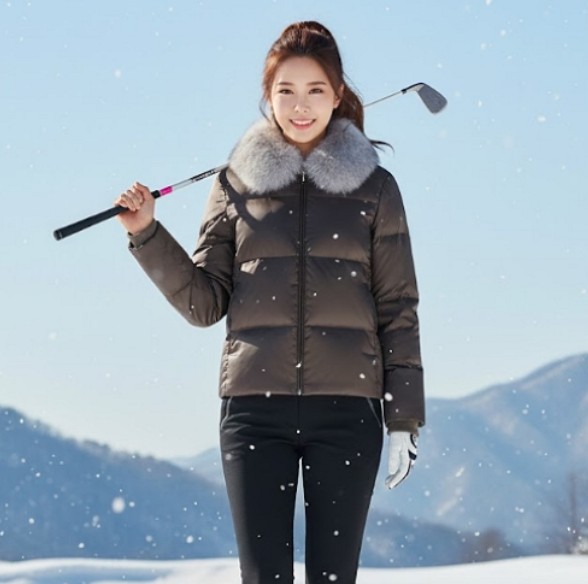 핑 골프웨어 여자 겨울 사각퀄팅 폭스퍼 오버핏 구스다운 패딩점퍼 - 상품 이미지