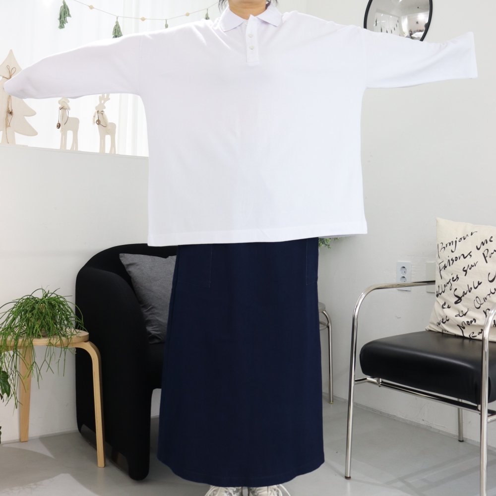 빅사이즈 백화이트 피케이 무지 카라 긴팔 티셔츠 오버핏 박스 긴팔 티 88 4XL 봄 가을 이미지 6
