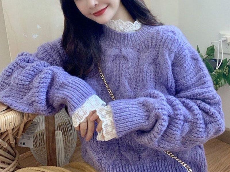 루즈핏 라운드넥 레드 여성 겨울 니트티 퍼플 안쪽 흰색레이어드x S 40~47.5kg - 상품 이미지