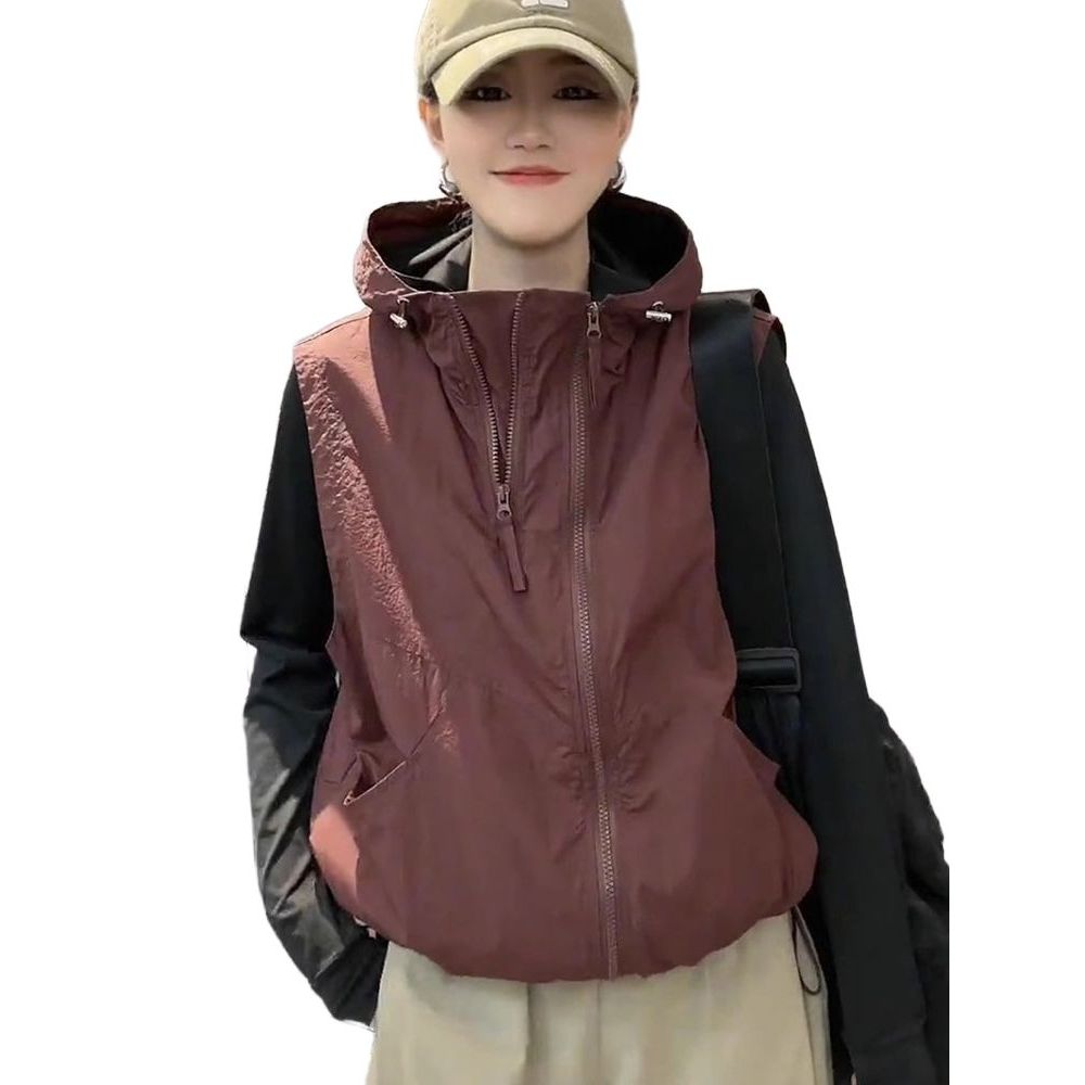 여성 더블지퍼 루즈핏 베스트 아우터 봄가을 경량 작업 러스트 레드 M - 상품 이미지