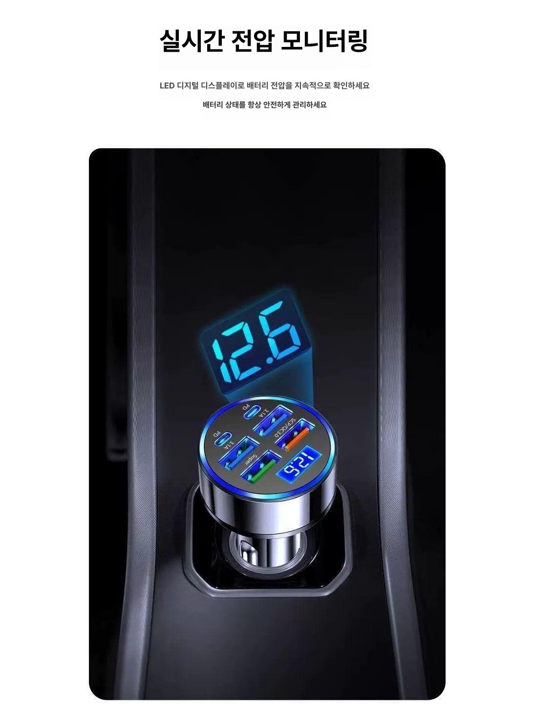 차량용 시거잭 고속 충전기 USB 멀티포트 초고속 c포트 멀티시거잭 6-in-1 4USB+2PD 슈퍼 고속 - 상세 이미지 2