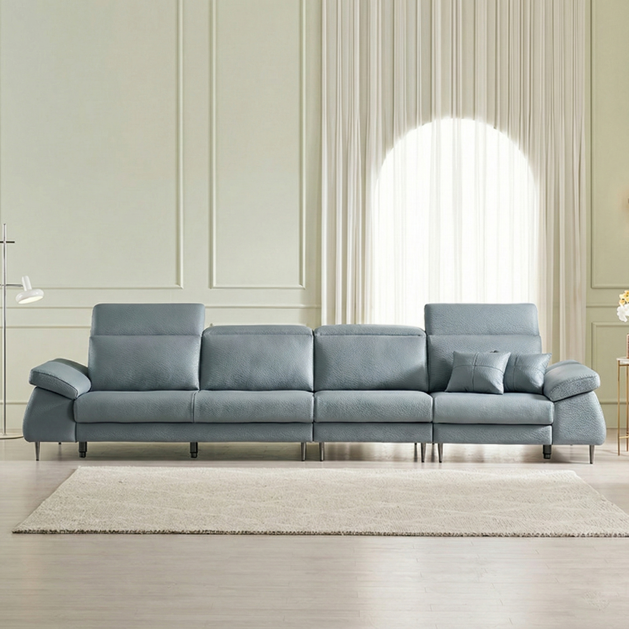 등급E0 보루네오 아트레 이태리 천연통가죽 기능성 소파 스툴포함, 소프트블루, 6인용