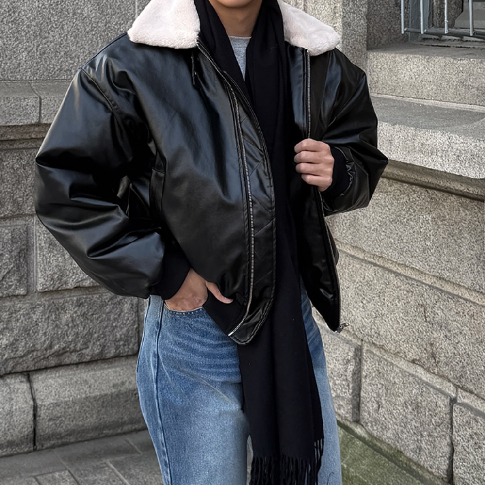 남자 보덴 오버핏 겨울 밍크 카라 레더 항공 무스탕 자켓 - 상세 이미지 5