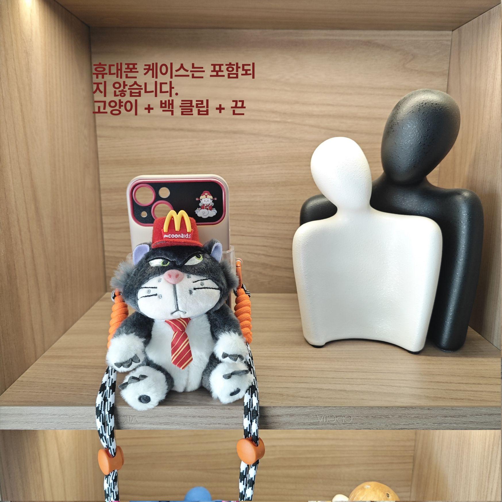 루시퍼 고양이 휴대폰 케이스 크로스바디 스트랩 귀여운 인형 장식 블랙그레이 루시파 캣+키체인 이미지 6