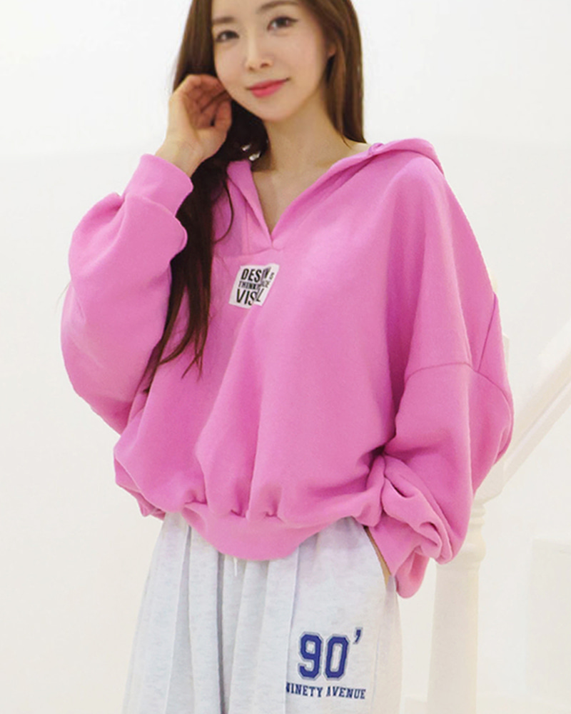 비쥬 브이넥 루즈핏 후드맨투맨 캐쥬얼 롱티 - 메인 이미지