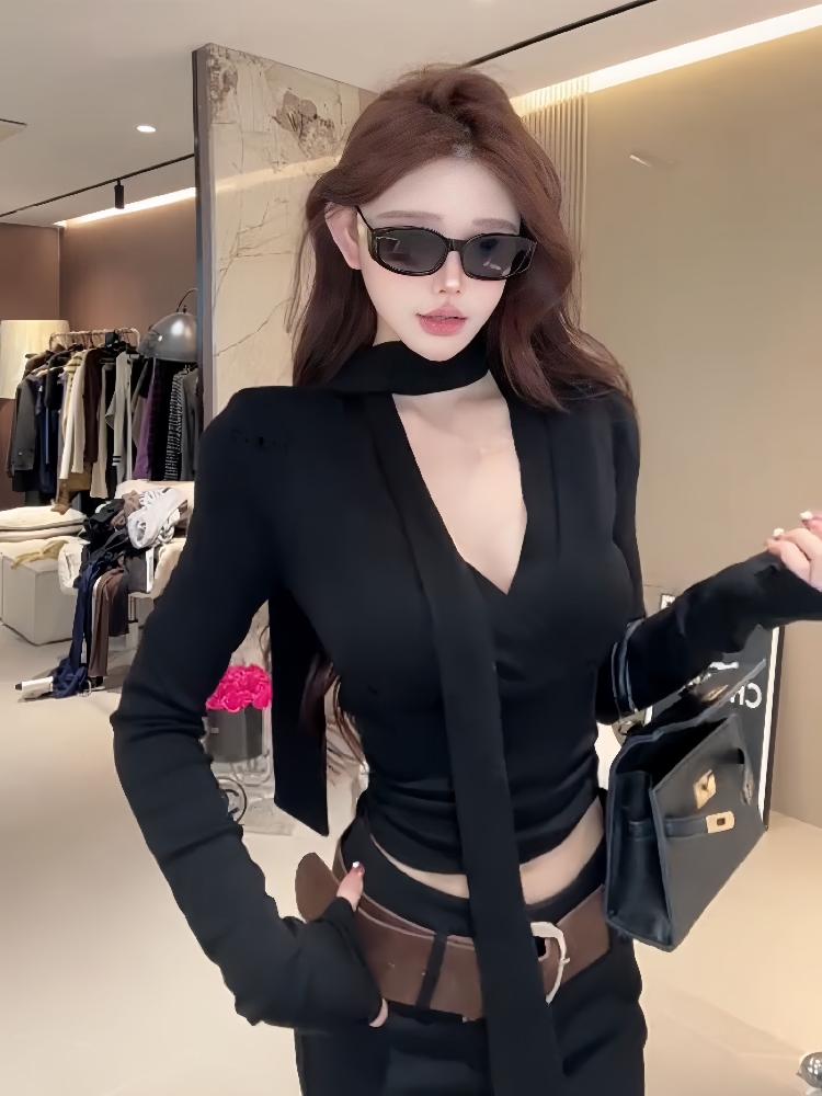 브이넥 리본 스트랩 슬림핏 긴팔 티셔츠 가을 여성 상의 브라운 탑 S - 상세 이미지 2