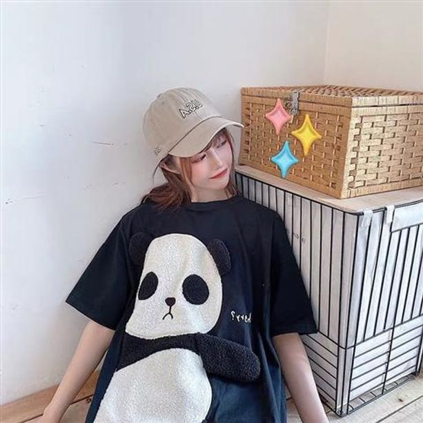 여름 커플 자수 레터링 팬더 반팔 루즈핏 데일리룩 블랙 M - 메인 이미지