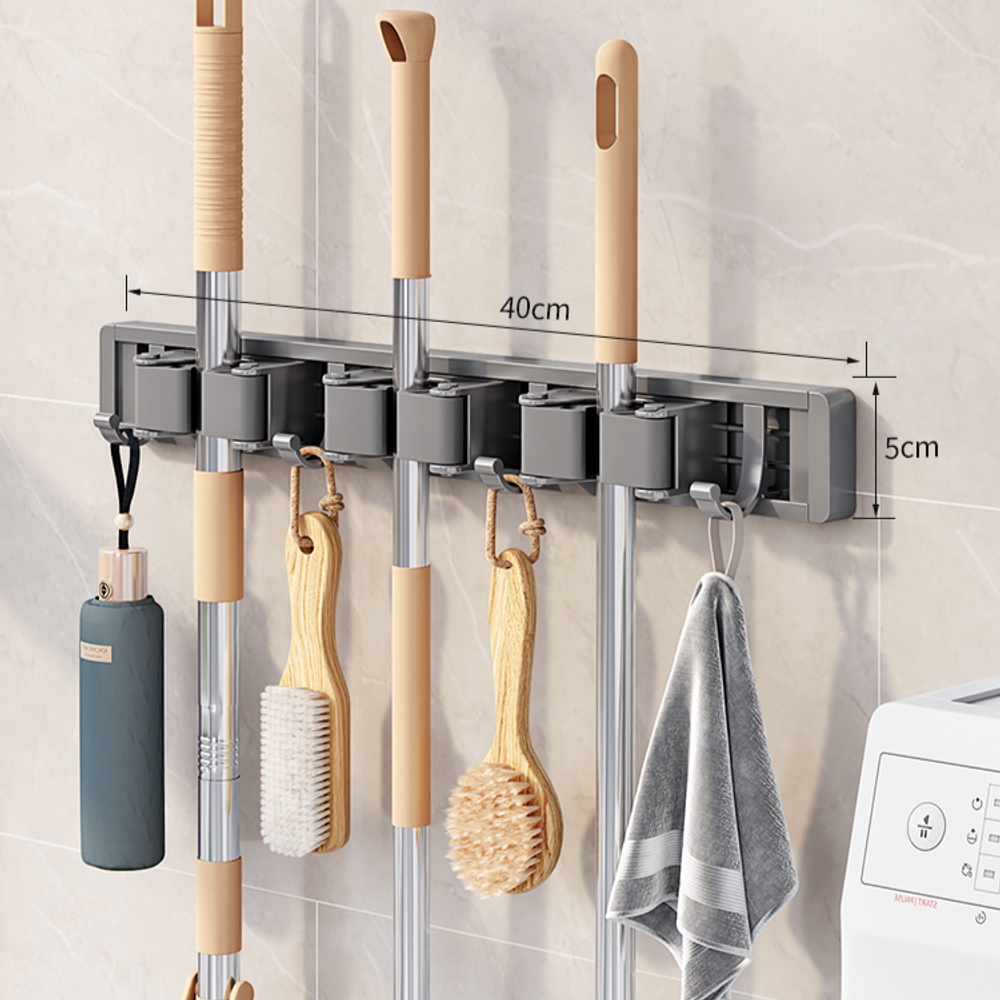 마대 홀더 스텐 학교 마포 도구함 정리 고리 걸레 이동 청소 그레이 40cm 3클립 4후크 - 상품 이미지