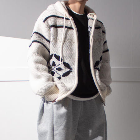 오드아이스트릿협력사 코위찬 노르딕 자가드 후드 집업 가디건 / 도톰 포근 와이드핏 카디건