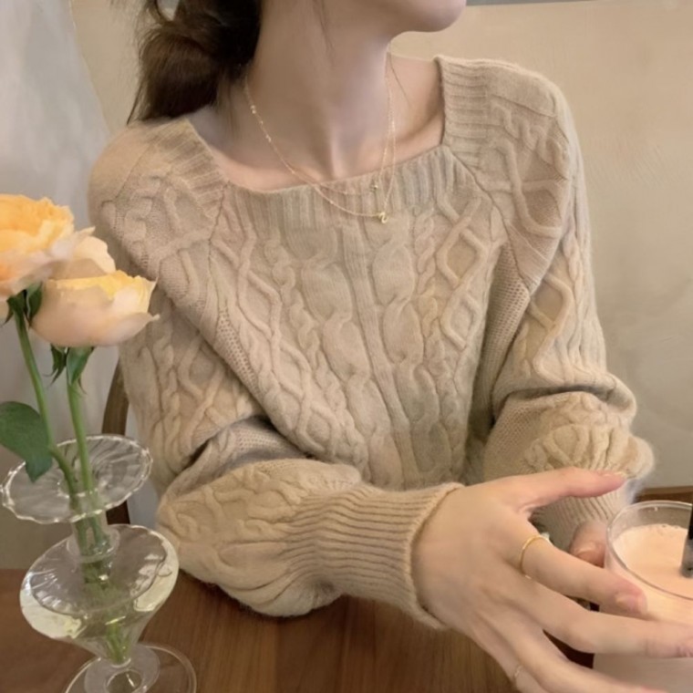 퍼프소매 여성 니트티 스퀘어넥 여자 긴팔 티셔츠 - 메인 이미지