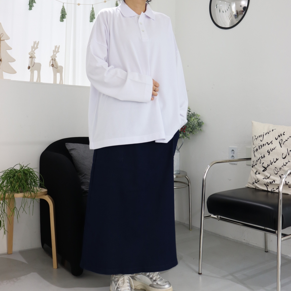 빅사이즈 백화이트 피케이 무지 카라 긴팔 티셔츠 오버핏 박스 긴팔 티 88 4XL 봄 가을 - 상세 이미지 2